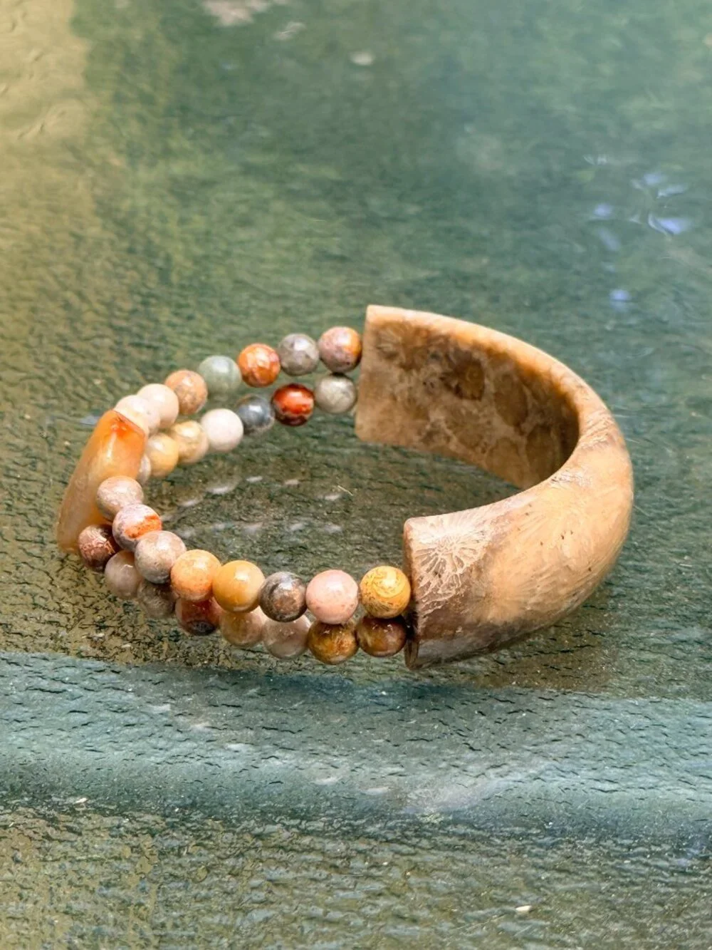 Unisex Coral Fossil Half Bangle Double Strand Bracelet